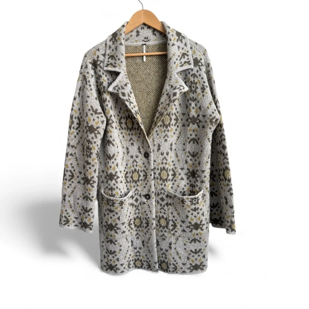 Free People Alpaca Wool Blend Nordic Knit Sweater Coat Cardigan Size L